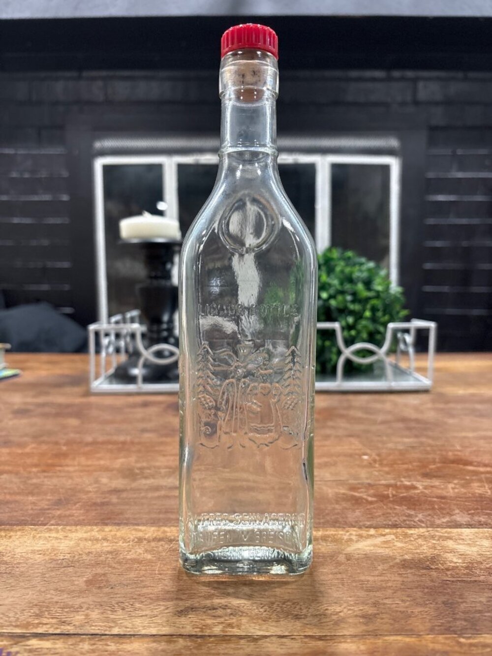 Vintage Schladerer Clear Glass Liquor Bottle With Red Cap Embossed Design - Picture 1 of 7